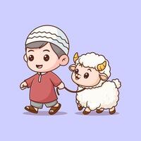 schattig jongen Moslim met schapen voor eid al adhah vector