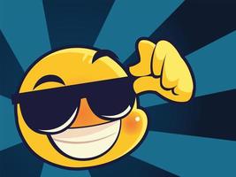 gelukkige emoji met zonnebril over sunburst-achtergrondontwerp vector