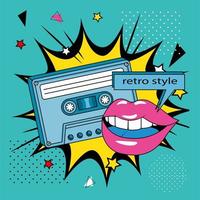 cassette uit de jaren negentig met lippen in explosie pop art vector