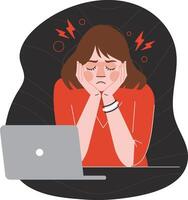 bedrijf vrouw in spanning Bij werk zittend met laptop werkplaats vlak illustratie vector