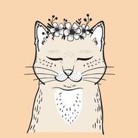 schattig hand- getrokken kat met bloemen. illustratie in tekening stijl. vector