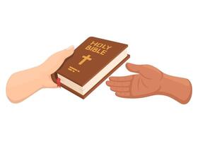 hand- Holding en geven Bijbel heilig boek tekenfilm illustratie vector