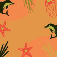 oranje zomer achtergrond met koraal rif, dolfijn, zeester en kwal pictogrammen. hand- getrokken stijl . mooi ontwerp voor spandoeken, affiches, groet kaarten, sociaal media. vector