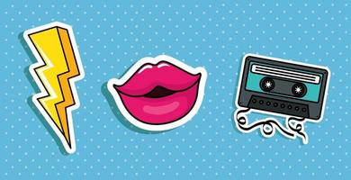 bliksemschicht met lippen en cassette pop-art stijliconen vector