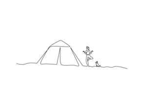 jong vrouw pilates Gezondheid natuur camping tent hond samen werkzaamheid levensstijl een lijn kunst ontwerp vector