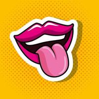 sexy mond met tong uit in achtergrond geel pop-art stijlicoon vector