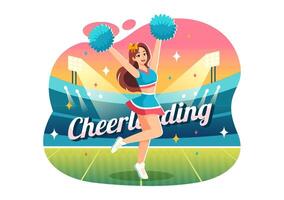 cheerleader meisje illustratie met cheerleading pom poms van dansen en jumping naar ondersteuning team sport gedurende wedstrijd Aan vlak achtergrond vector