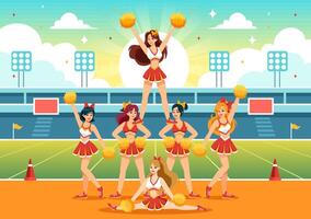 cheerleader meisje illustratie met cheerleading pom poms van dansen en jumping naar ondersteuning team sport gedurende wedstrijd Aan vlak achtergrond vector