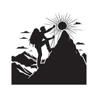 een Mens beklimming berg berg beklimmen icoon. wandelen icoon symbool. berg beklimmen illustratie Aan geïsoleerd achtergrond vector