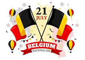 gelukkig belgie onafhankelijkheid dag illustratie Aan juli 21 met golvend vlag en lint in nationaal vakantie vlak tekenfilm achtergrond ontwerp vector