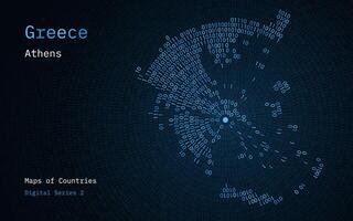 een kaart van Griekenland afgebeeld in nullen en degenen in de het formulier van een cirkel. de hoofdstad, Athene, is getoond in de centrum van de cirkel vector