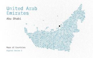 een kaart van Verenigde Arabisch emiraten afgebeeld in nullen en degenen in de het formulier van een cirkel. de hoofdstad, abu dhabi, is getoond in de centrum van de cirkel vector