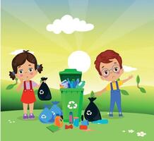 schattig jongen het werpen uitschot in recycle bak vector