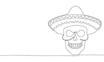 schedel in sombrero een lijn continu. lijn kunst schedel in sombrero. hand- getrokken kunst. vector