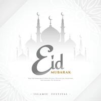 eid mubarak groet wit achtergrond met Islamitisch moskee ontwerp vector