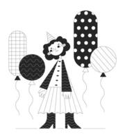 verdrietig partij meisje zwart en wit 2d illustratie concept. drijvend ballonnen. groovy tekenfilm schets karakter geïsoleerd Aan wit. schattig meetkundig figuur depressief verjaardag metafoor monochroom kunst vector