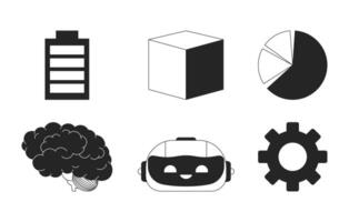 ai technologie verwerken zwart en wit 2d lijn tekenfilm voorwerpen set. robot hoofd, kubus meetkundig geïsoleerd schets items verzameling. brein, versnelling, cirkeldiagram monochromatisch vlak plek illustraties vector