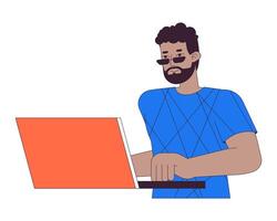 Afrikaanse Amerikaans Mens gebruik makend van laptop 2d lineair tekenfilm karakter. zwart vent in zonnebril Bij computer geïsoleerd lijn persoon wit achtergrond. surfing internet kleur vlak plek illustratie vector