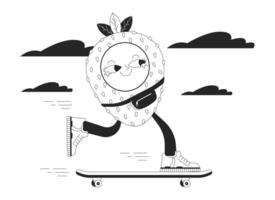 aardbei skateboard zwart en wit 2d illustratie concept. retro groovy tekenfilm schets karakter geïsoleerd Aan wit. schattig meetkundig figuur skateboarder tiener- jongen metafoor monochroom kunst vector