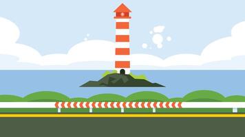 een vuurtoren in een eiland in de dag tijd Bij zee kust achtergrond illustratie vector