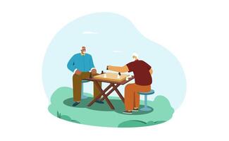 tekenfilm gelukkig senior mannen Speel schaken. oud mensen recreatie en hobby. ouderen vrienden of gepensioneerd tekens zittend Bij tafel in de park en spelen bord spel. illustratie in vlak stijl. vector