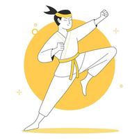 een jeugdig krijgshaftig artiest Mens met een geel riem presteert dynamisch karate beweegt, belichamen discipline en sterkte Aan een gestileerde achtergrond. vlak illustratie voor web of app ontwerp vector