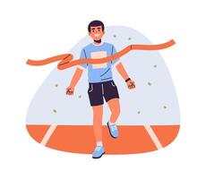 winnend atleet kruisen rood af hebben lijn. Mens bereiken succes in sport. persoon in sportkleding rennen marathons. doel en winnen concept. vlak tekenfilm illustratie. vector