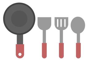pan, spatel en pollepel apparatuur.keukengerei voor koken.sign, symbool, icoon of logo geïsoleerde.cartoon illustratie. vector