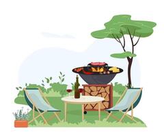 patio Oppervlakte met Koken grillen. huis achtertuin met buitenshuis keuken, groen planten tuin modern meubilair voor barbecue en picknick. buitenshuis gemeubileerd werf voor bbq zomer partijen vlak illustratie vector