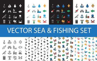 geïsoleerde zee en visserij pictogrammen instellen vector