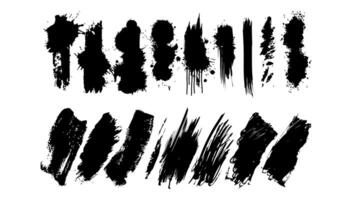 grunge zwart borstel beroertes reeks illustratie. kunst penseel kunst en getextureerde abstract ontwerp. verzameling element patroon verstuiven en nood schetsen beroerte vector