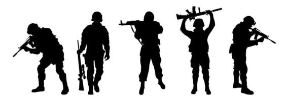 silhouet verzameling van mannetje soldaat draag- machine geweer wapen. vector