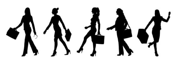 silhouet verzameling van bedrijf vrouw draag- aktentas in expressief houding vector