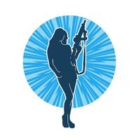 silhouet van een vrouw krijger in houding met machine geweer wapen vector