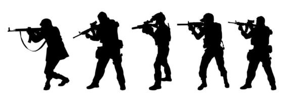 silhouet verzameling van mannetje soldaat draag- machine geweer wapen. vector