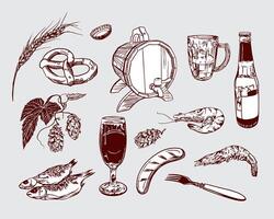 bier glas, mok, loop, fles, hop, garnaal, vis, worst, krakeling, tarwe. wijnoogst hand- getrokken illustratie voor web, etiketten, affiches, menu's, festival uitnodiging. vector