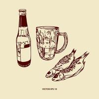 bier, fles, glas beker met handvat, droog vis. illustratie in grafisch stijl. ontwerp van menu's, wijn en bier kaarten, etiketten, spandoeken, folders. vector