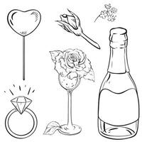 een fles van Champagne , een hart vormig lolly , een roos , een ring , en een glas vector