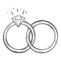 een zwart en wit tekening van twee bruiloft ringen met een diamant in de midden- vector