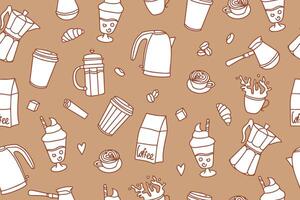 naadloos patroon van koffie tijd tekening. theepotten, kopjes, Turk en snoepgoed in tekening stijl. vector