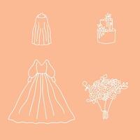 bruiloft reeks van tekening bloemen, taart, bruiloft jurk en sluier. illustratie vector