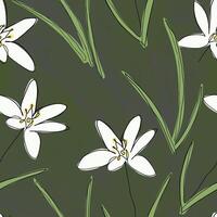 decoratief naadloos bloemen patroon. donker groen achtergrond met hand- getrokken wit bloemen. vector