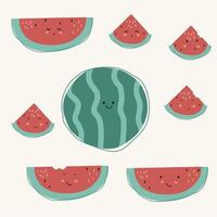 een reeks van schattig hand- getrokken watermeloen met gezicht uitdrukking karakter. schattig fruit gezicht uitdrukking karakter. pastel achtergrond vector