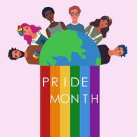 trots maand viering. regenboog vlag. verschillend mensen in de omgeving van aarde. lesbienne, homo, biseksueel trots. lgbt trots maand. vector