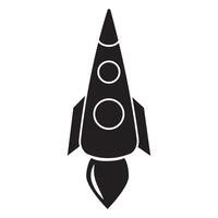 de lancering voertuig icoon is een zwart stencil icoon. een speelgoed- raket duurt uit, spuwen rook. vector