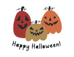 gelukkig halloween groet kaart met spookachtig pompoenen, tekenfilm vlak illustratie geïsoleerd Aan wit achtergrond. hand- getrokken pompoenen met eng gezichten. herfst vakantie viering. vector
