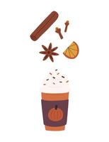 pompoen kruid latte in naar Gaan kop met ingrediënten, tekenfilm vlak illustratie geïsoleerd Aan wit achtergrond. hand- getrokken koffie drinken met zweepslagen room, kaneel stok, ster anijs en kruidnagel. vector