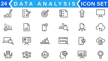 gegevens analyse lijn pictogrammen set. analyse, server, mijnbouw, gegevens filter, verkeer, ai, hosten, toezicht houden. statistieken en analytics schets pictogrammen verzameling vector