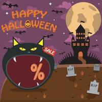 Halloween-karakterhoofd met zwart kattenhoofd op kerkhof en paleis. procent, verkoop en donkere achtergrond vector