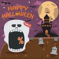 Halloween-karakterhoofd met skelethoofd op kerkhof en paleis. procent, verkoop en donkere achtergrond vector